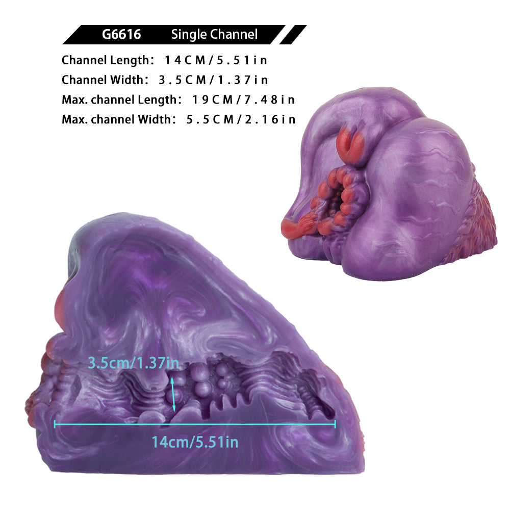 Purple silicone novelty toy shown from two angles, with red inner beads