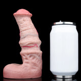 Pink textured cock sleeve/penis sheath standing upright with red seam lines