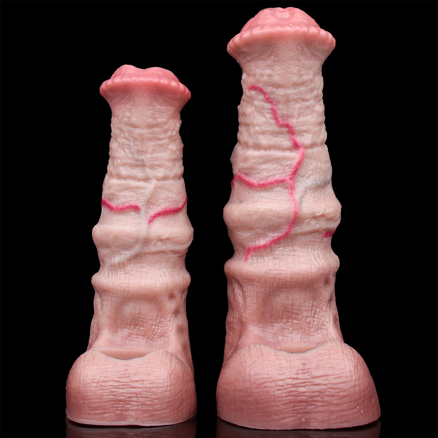 Two textured pink cock sleeve/penis sheaths, showing ribbed texture and red stitching