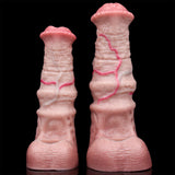 Two textured pink cock sleeve/penis sheaths, showing ribbed texture and red stitching