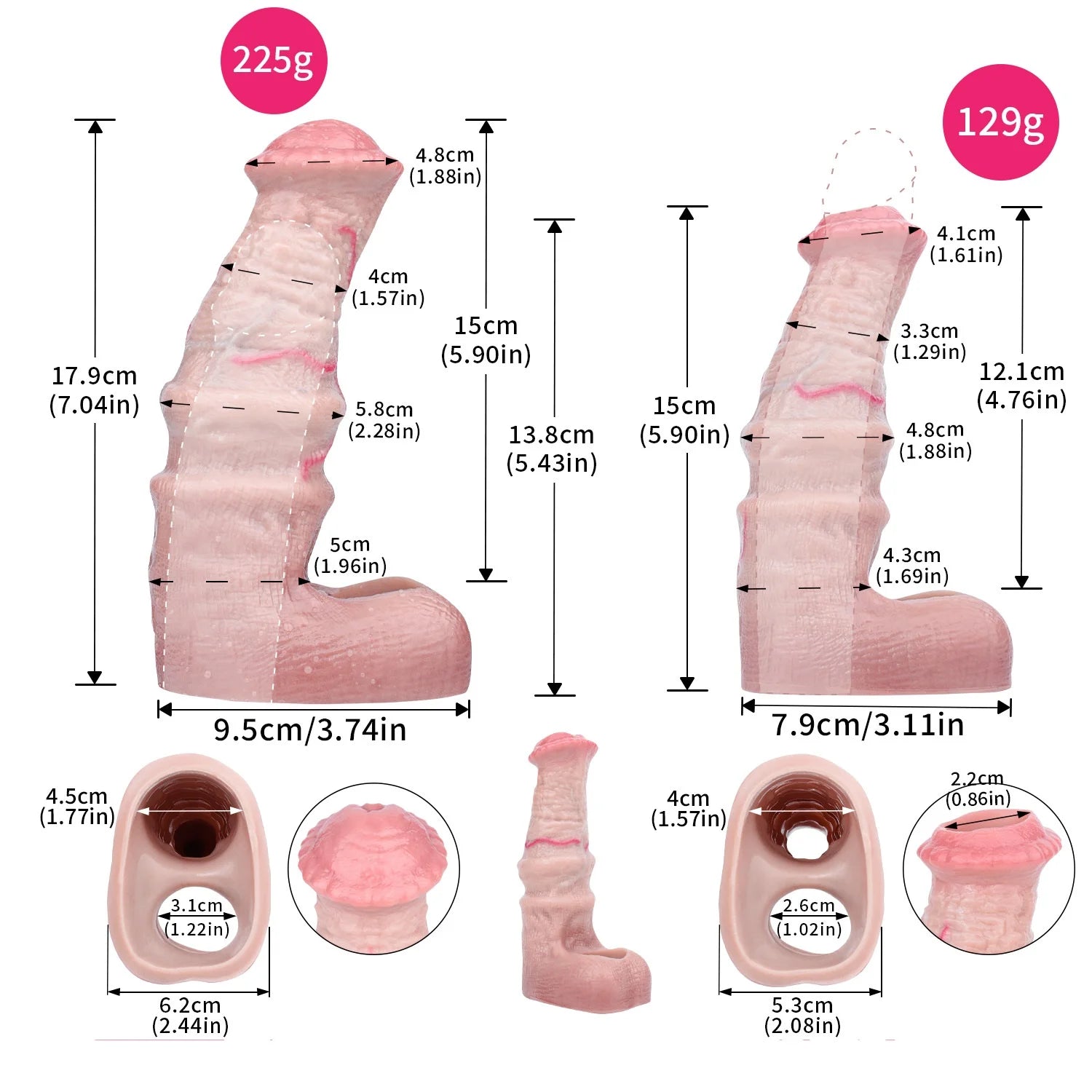 Textured pink cock sleeve/penis sheath size chart with measurements and open/closed views