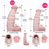 Textured pink cock sleeve/penis sheath size chart with measurements and open/closed views