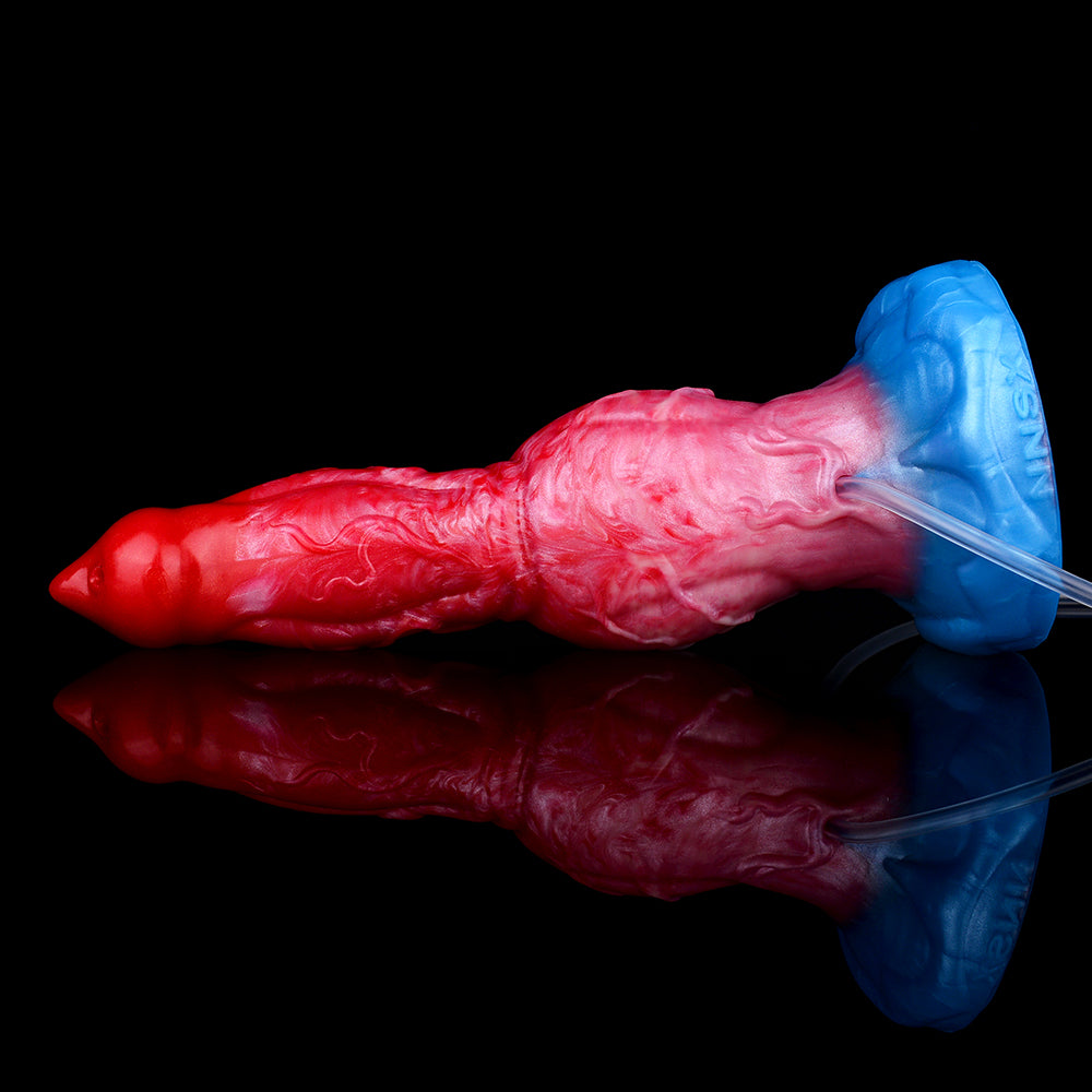 Hundedildo länglich: roter Körper, blaue Basis und transparenter Aufblas-Schlauch