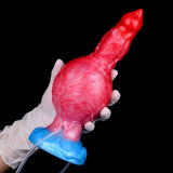 Aufblasbarer Hundedildo: rotes Design mit blauer Standbasis und Schlauch