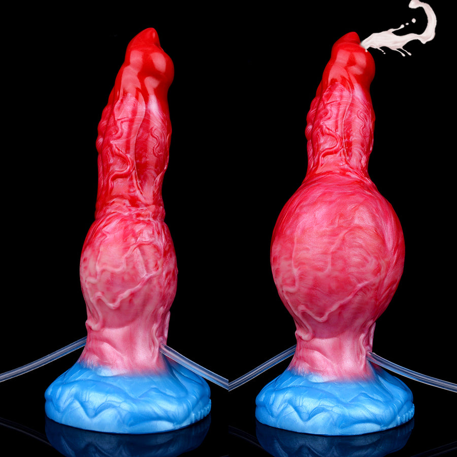 Inflatable dog-shaped toy in red and pink with blue base, side-by-side view