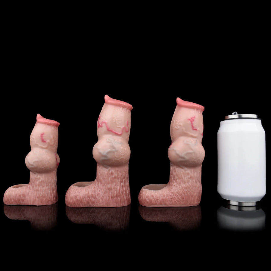 Pink dog-themed intimate sleeve shown in multiple heights beside a white container