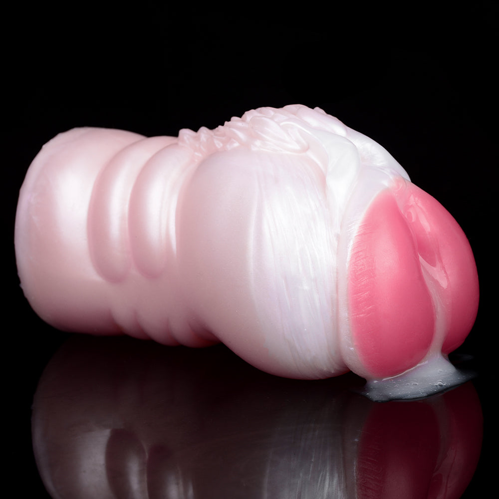 Velvet Hoof Pussy Fleshlight: seitliche Ansicht, weiß geripptes Rohr mit rosafarbener Spitze