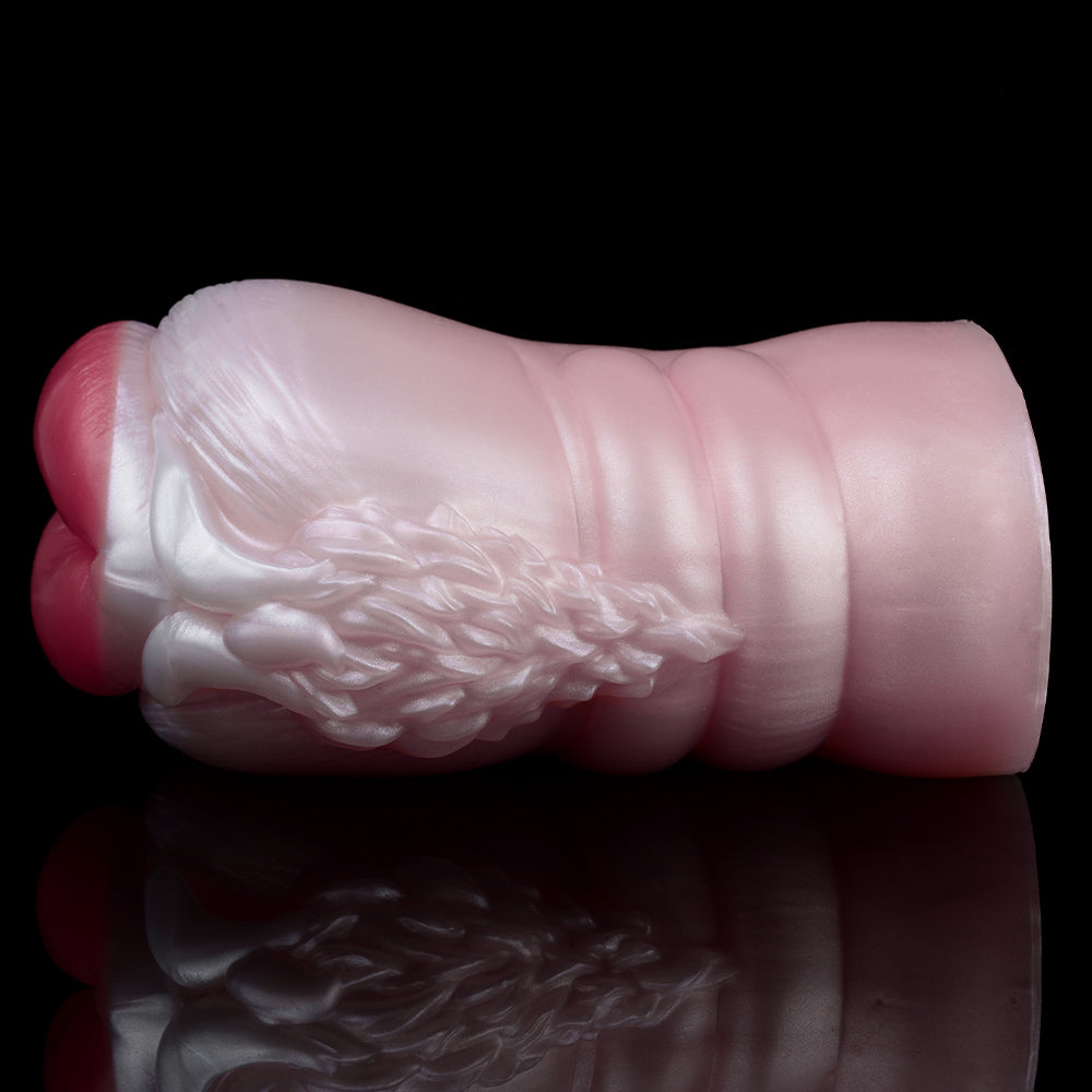 Pink velvet mare-shaped fleshlight with ridged internal texture, cylindrical toy