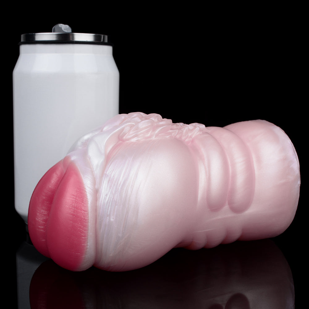 Velvet Hoof Pussy Fleshlight: weißes, geriffeltes Außenstück mit rosafarbener Kuppe