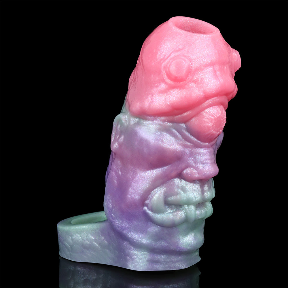 Alien sleeve extender close-up of pink head and purple body with mint open sleeve