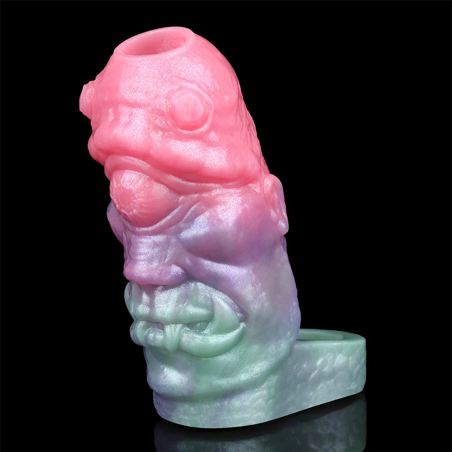 Alien sleeve extender with pastel pink-purple head and mint-green base opening