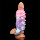 Alien sleeve extender on a base-like shape; purple and pink head with mint accents