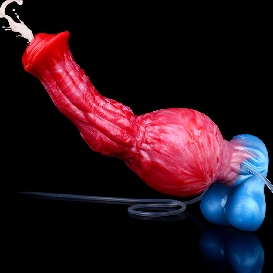 Inflatable fantasy dildo with pink-red textured body and blue bulb base