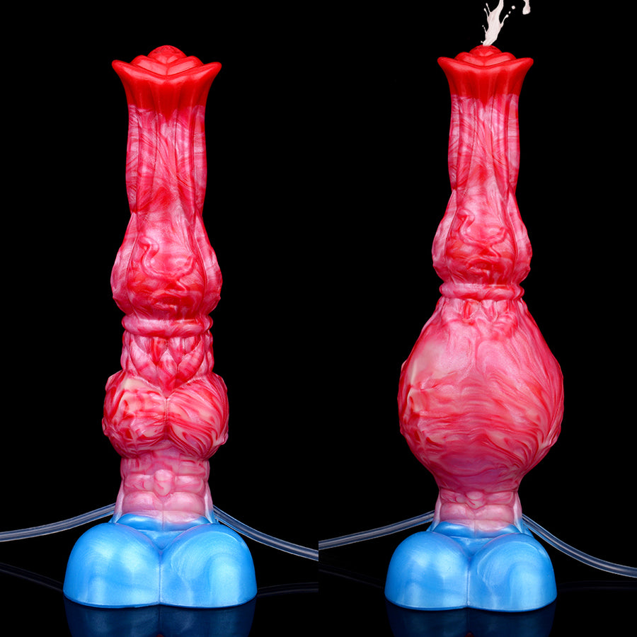 Inflatable red-pink textured shaft with blue base, front and side view