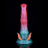 Dildo with demon horns front view, pink top column and teal base with two orange horns