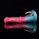 Dildo with demon horns, pink shaft with teal head and orange horn points