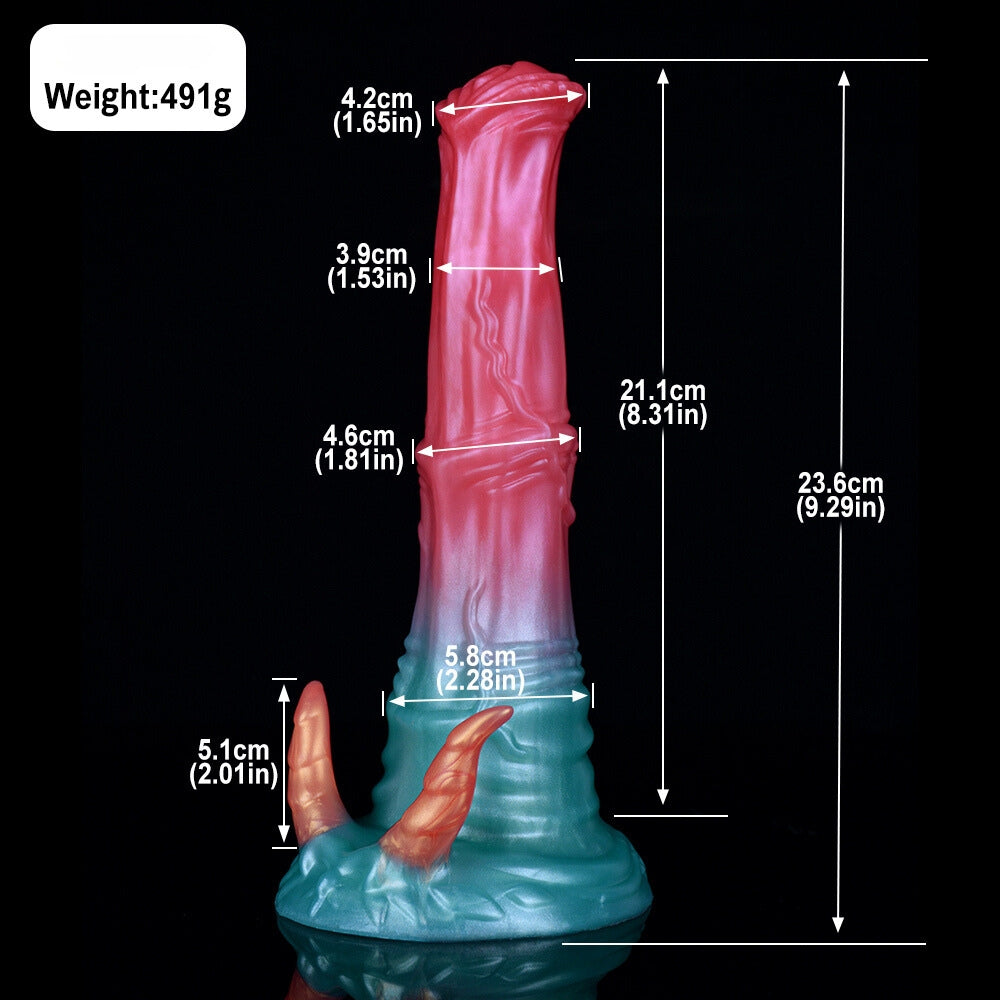 Vicky Horse dildo with demon horns—side view with size diagram, pink and teal design