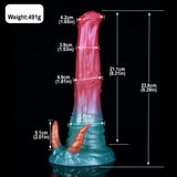 Vicky Horse dildo with demon horns—side view with size diagram, pink and teal design