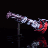 Fantasy beast squirting dildo with purple-gray body and red horned base