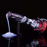 Fantasy beast squirting dildo: clear purple-blue with red spikes, base and tube