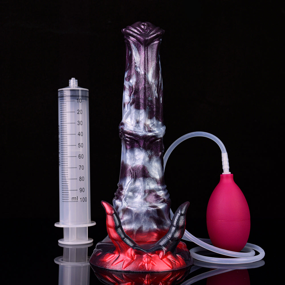 Fantasy squirting dildo with red base, clear tube and measurement cylinder