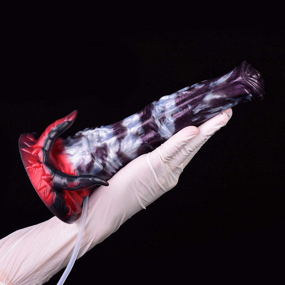 Fantasy beast squirting dildo in a glove, purple-gray texture with red claws