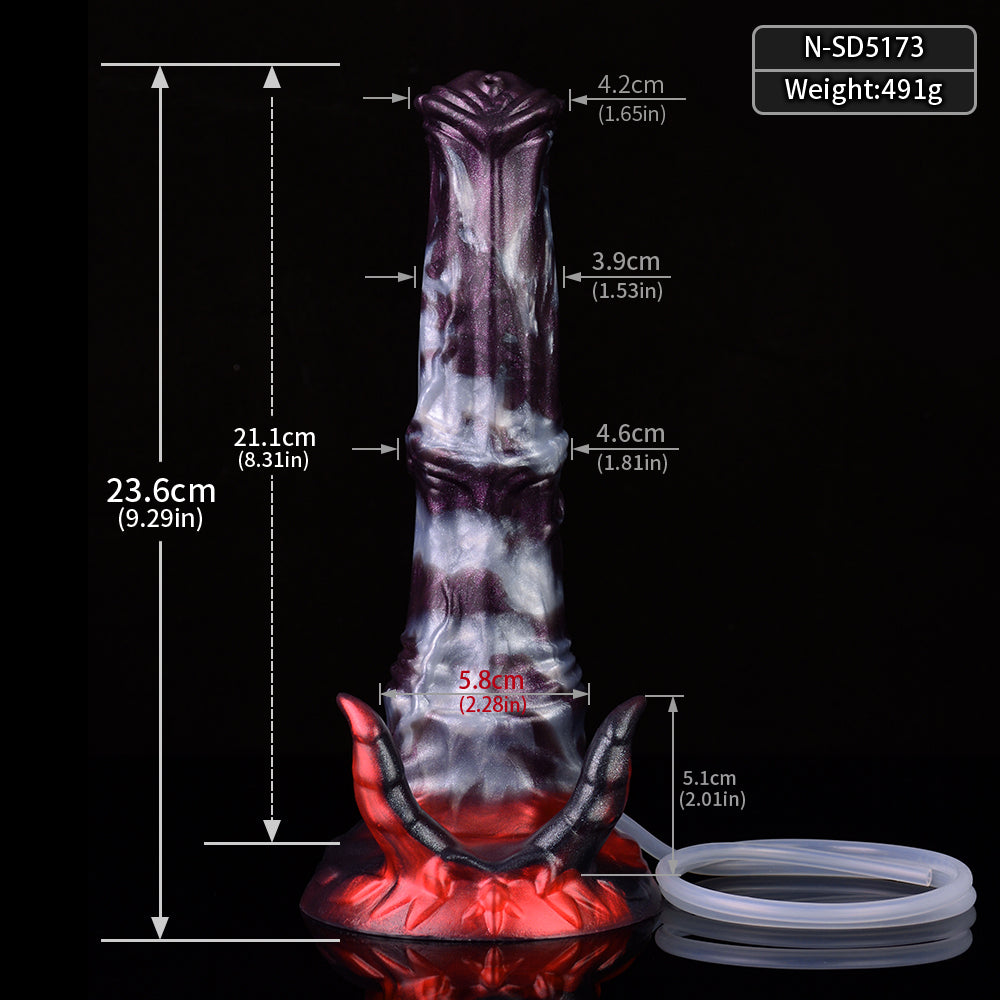 Size chart for fantasy beast squirting dildo, purple-gray body and red base