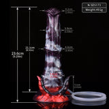 Size chart for fantasy beast squirting dildo, purple-gray body and red base