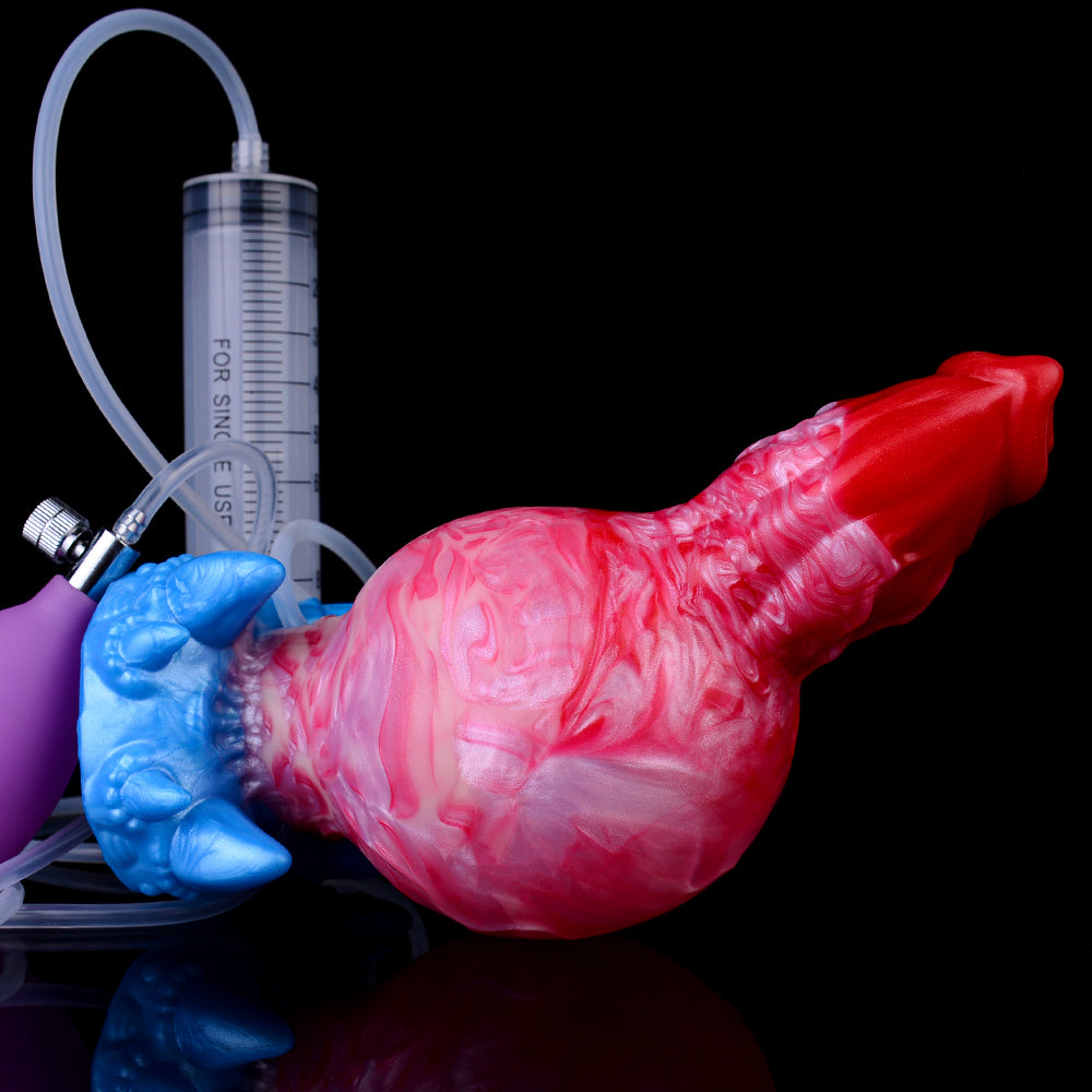 Aufblasbarer roter/rosa Dildo mit Cum-Tube, Schlauchanschluss und Messskala