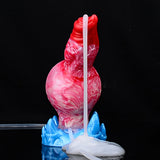 Aufblasbarer rot/rosa Dildo mit roter Spitze und Schlauch, weiße Aufsatzmanschette
