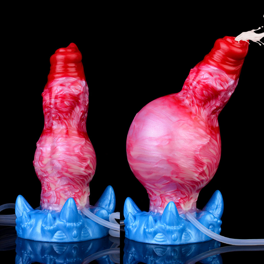 Inflated dog-shaped toy set: red-pink body with blue base, shown in two side views