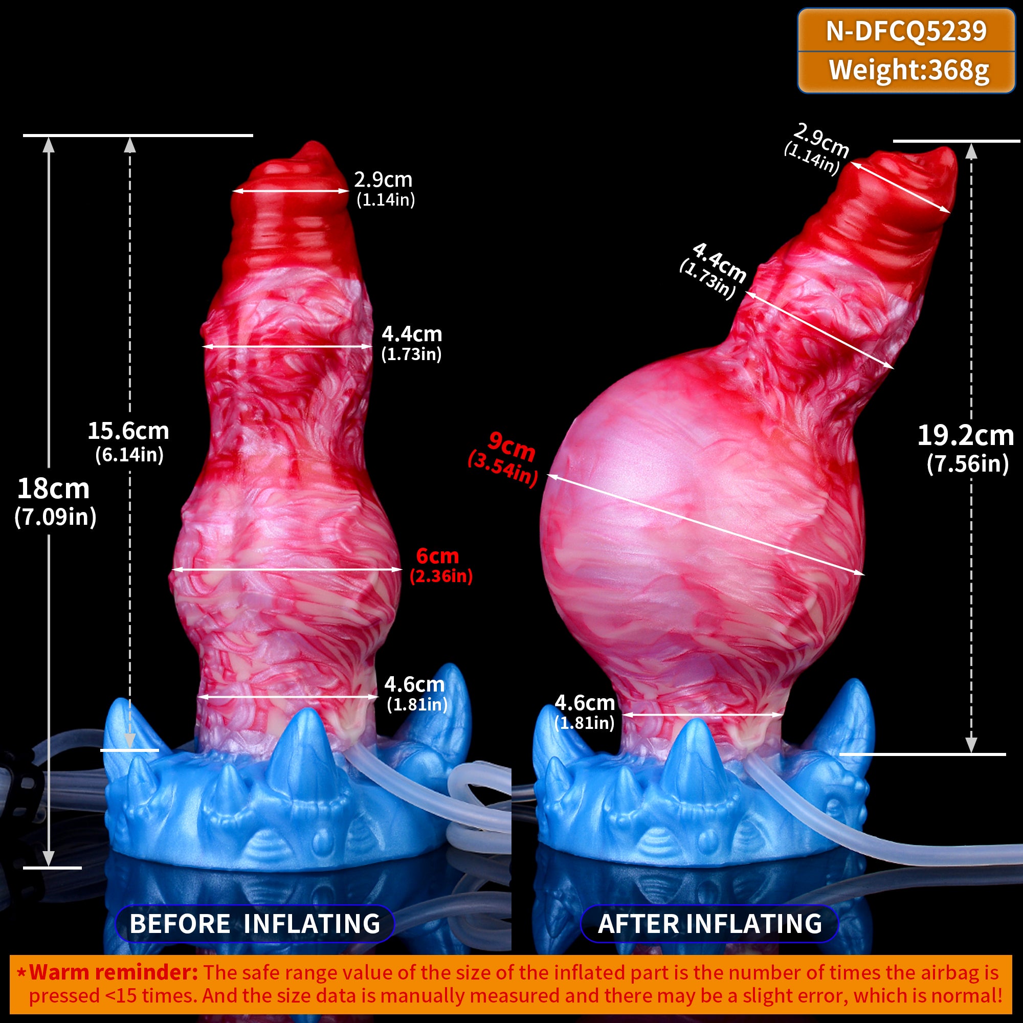 Dildo Maße: rot/rosa vor und nach dem Aufblasen, blaue Basis mit Schlauch