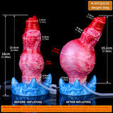 Dildo Maße: rot/rosa vor und nach dem Aufblasen, blaue Basis mit Schlauch