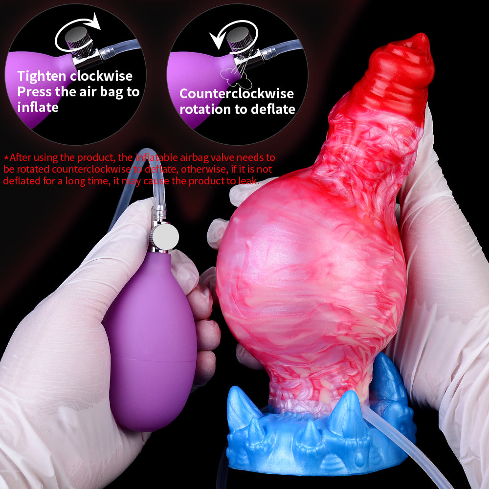 Aufblasbarer roter/rosa Dildo mit Cum-Tube, Anleitungspiktogramme zur Luft und Entlüftung