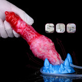 Aufblasbarer rot/rosa Dildo auf blauer Basis, Schlauchführung sichtbar