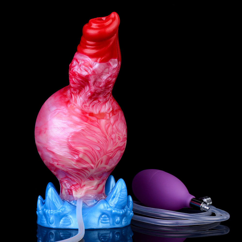 Aufblasbarer rot/rosa Dildo mit Cum-Tube, blaue Basis und lila Luftkugel