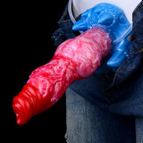 Aufblasbarer rot/rosa Dildo mit Cum-Tube, blauer Basis und Schlauchverbindung