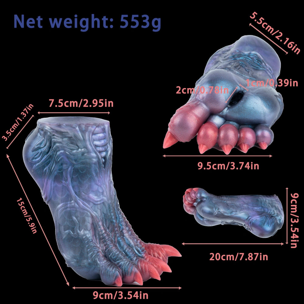 Blue dragon talon-style sex toy with red textured claws and raised details, multi-angle view