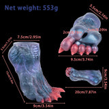 Blue dragon talon-style sex toy with red textured claws and raised details, multi-angle view