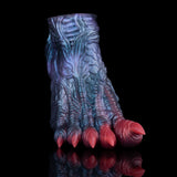Blue dragon talon sex toy with red claw tips, bottom view