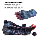 Blue dragon talon sex toy with red claw tips, channel size diagram and close-up textures