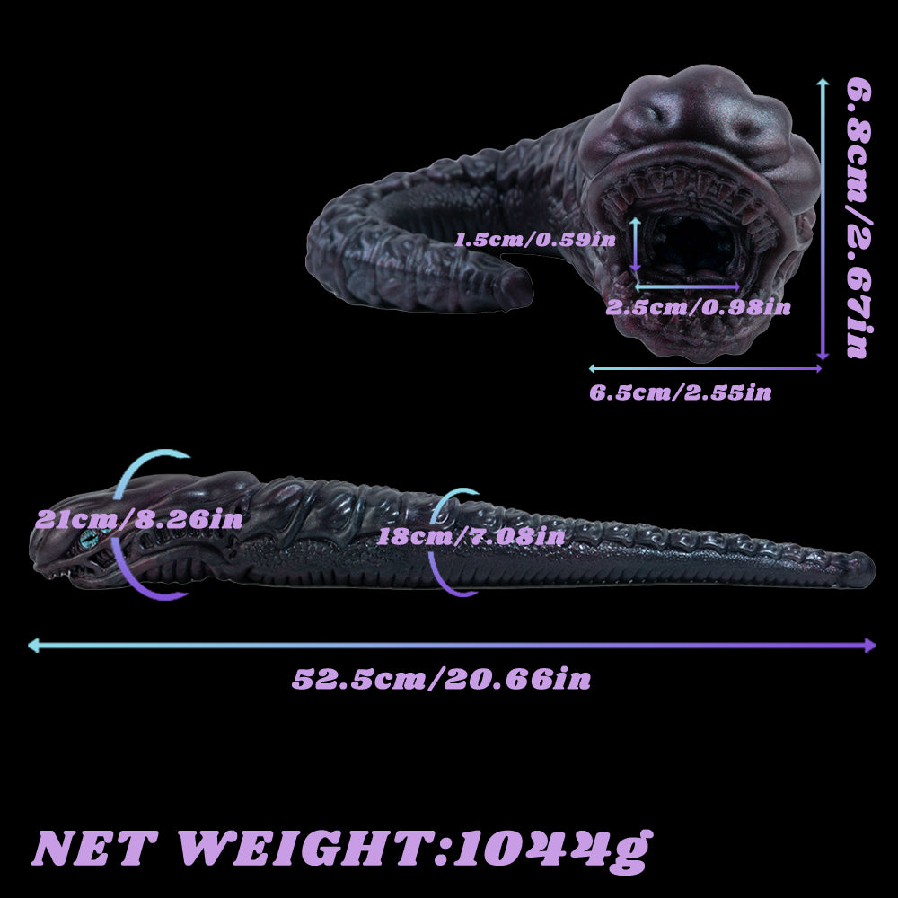 Snake creature toy showing length and sizing markings on a dark purple coiled body