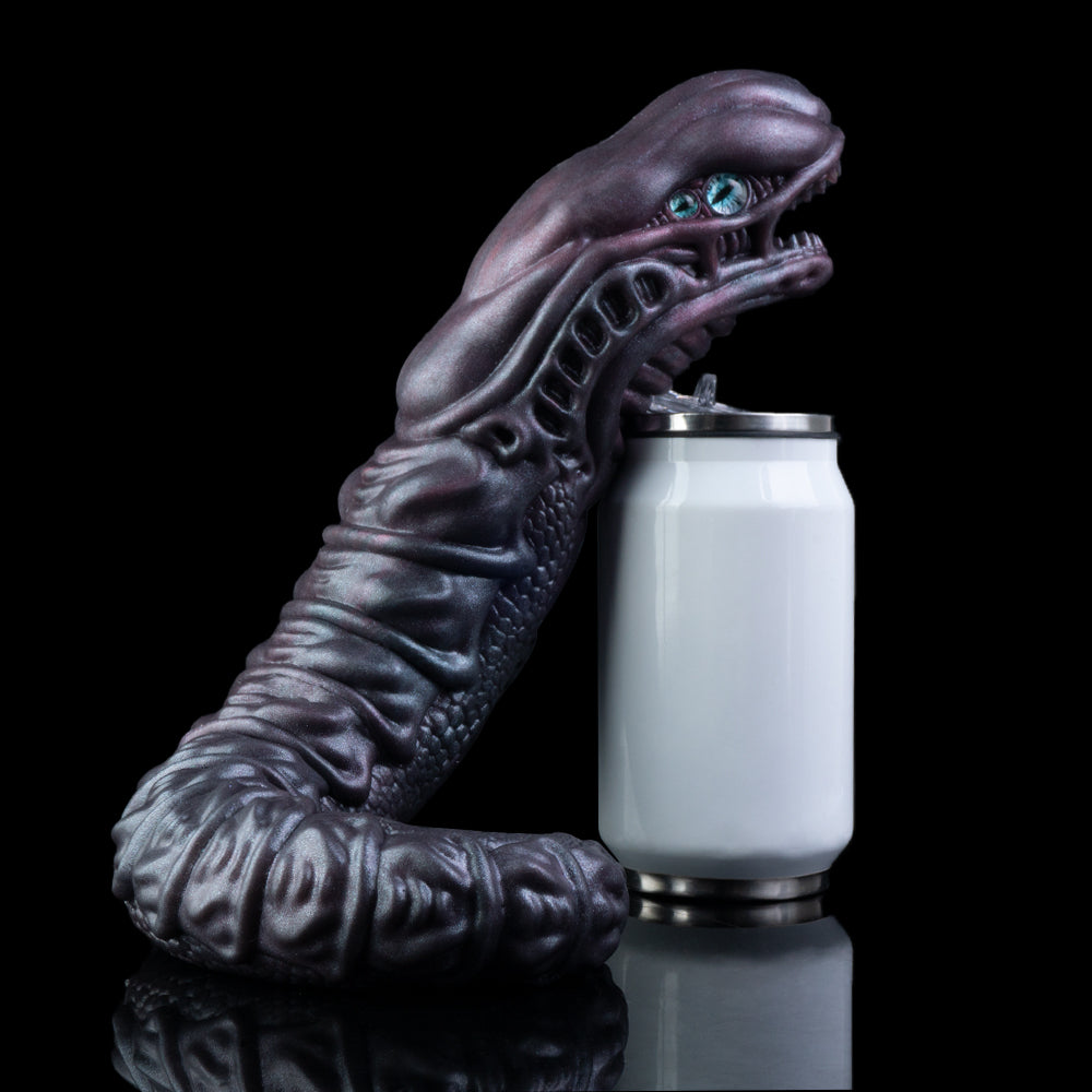 Dark sculpted hand grips a white cylindrical container, blue eye detail