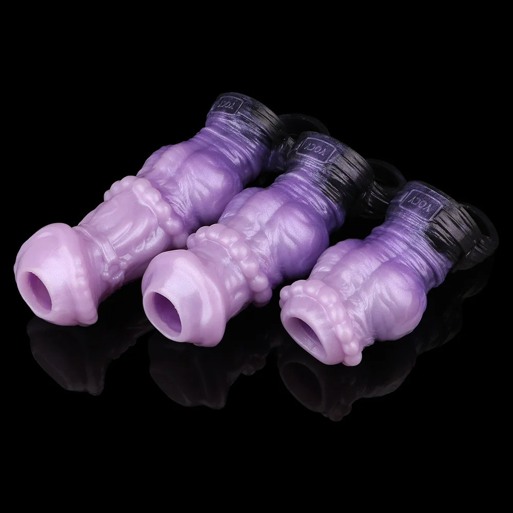 Textured purple penis sleeve with black ball ring, open ends, stacked view