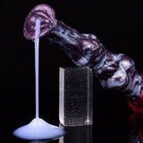 Dildo mit großer Knotenpartie, violett-blau marmoriert und breiter Saugfuß