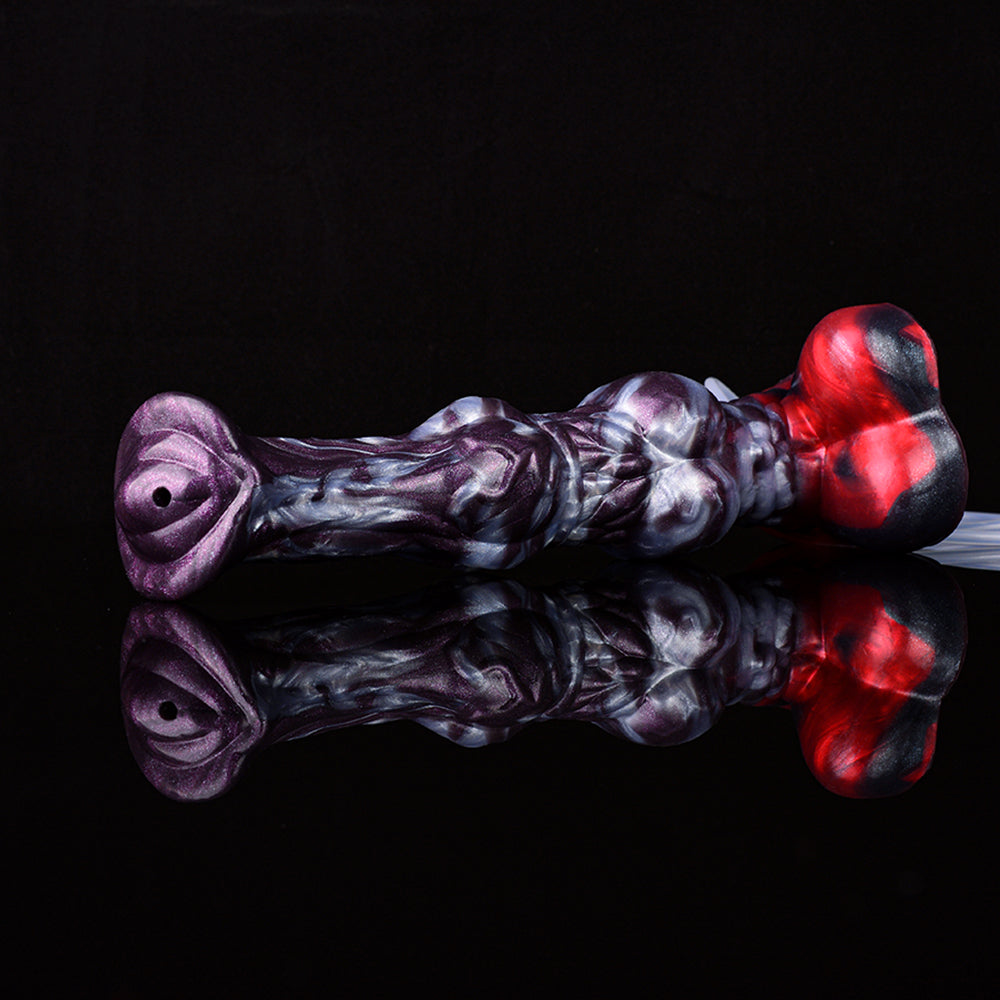 Violetter Dildo mit rot-schwarzer Basis und großen Flanschen, seitliche Ansicht