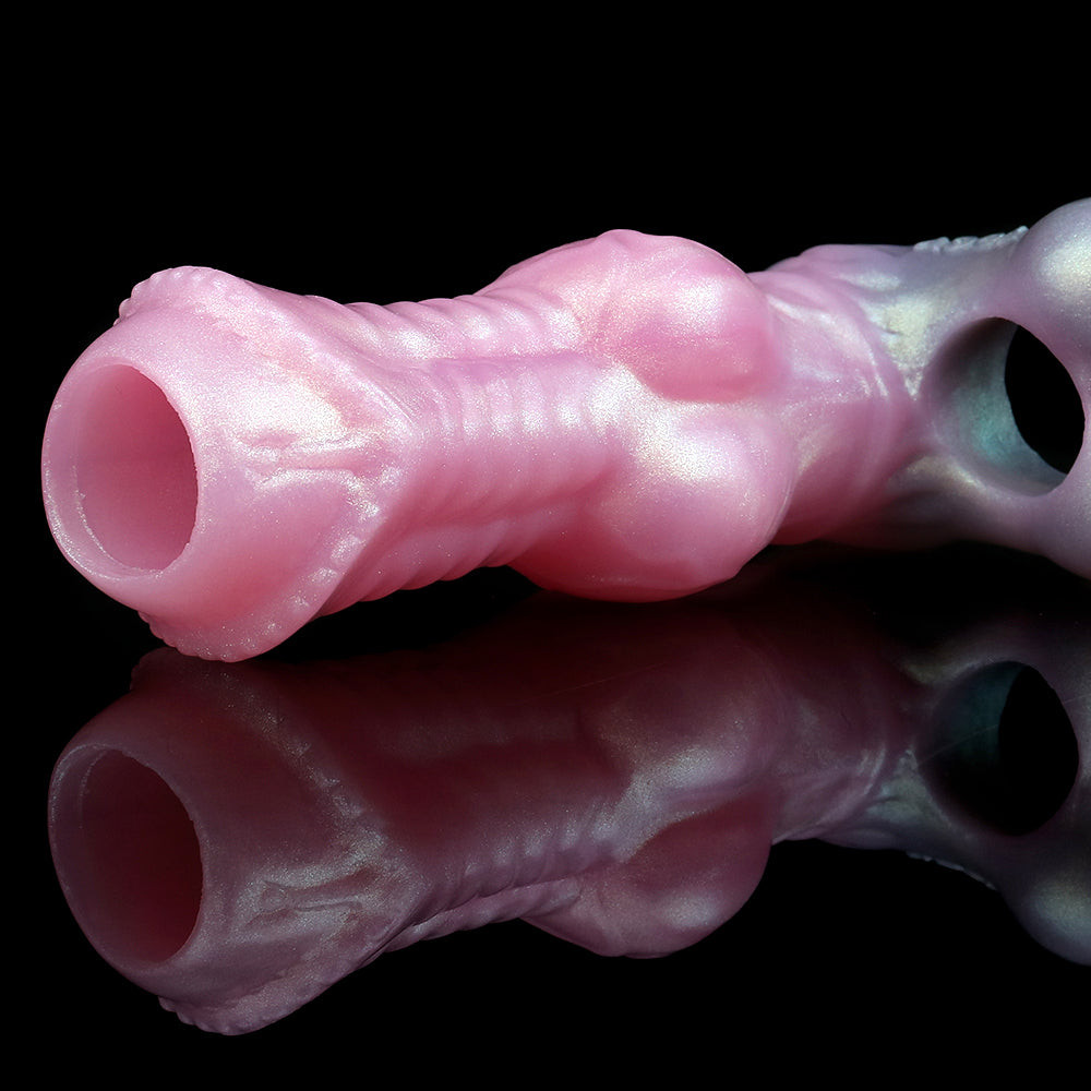 Close view of pink knotted sleeve sheath with two visible oval openings