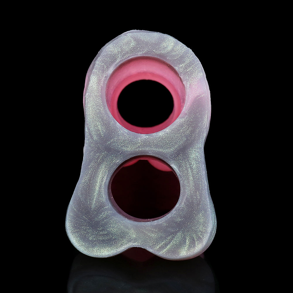 End of wolf-sleeve sheath with two oval openings, pink with light iridescent trim
