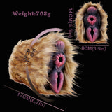 Furry plush sleeve with dual openings; side view with measurements text