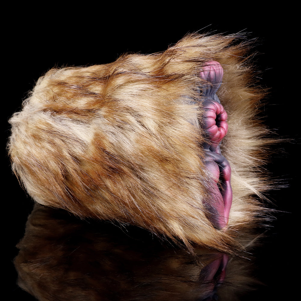 Tan faux-fur sleeve with interior dual opening, close-up view